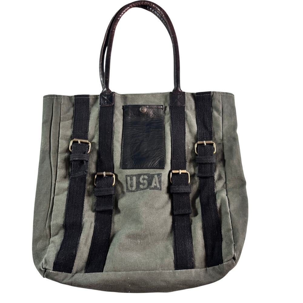 Mona B Upcycled Canvas Tote Bag USA Military Style Leather Strap Shoulder Bag